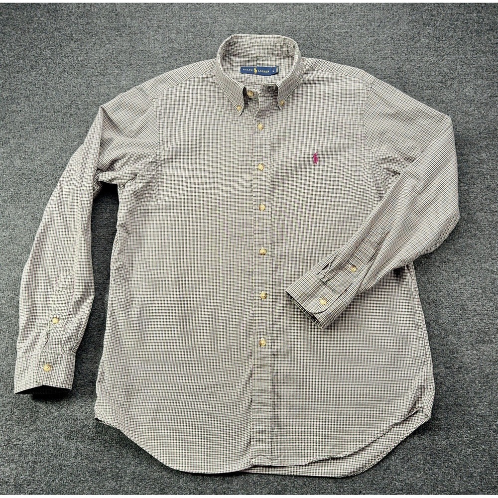 Ralph Lauren Men's Green Pink Plaid Cotton Long Sleeve Shirt Embroidered L EUC‎
